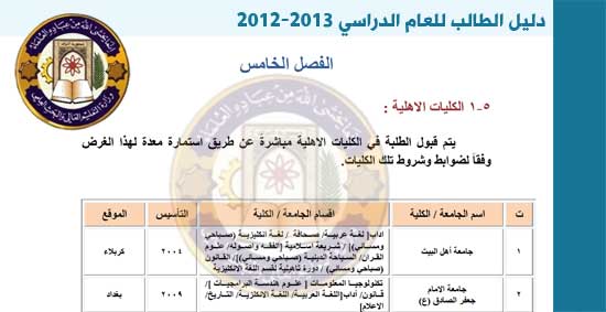 وزارة التعليم العالي والبحث العلمي تنشر دليل الطالب للعام الدراسي 2012-2013