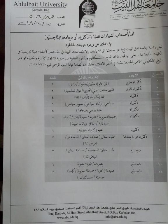 فرص وظيفية شاغرة لحملة الشهادات العليا (الدكتوراه/الماجستير) 