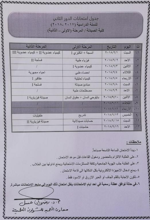 جدول امتحانات الدور الثاني لكلية الصيدلة 