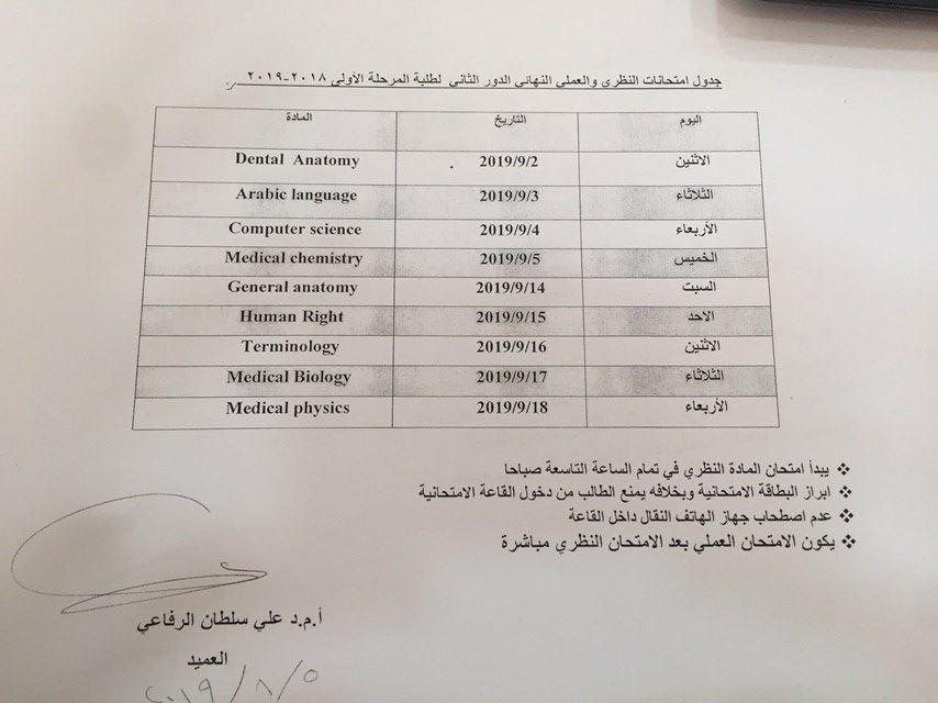 جدول امتحانات الدور الثاني/كلية طب الاسنان للمرحلتين الاولى والثانية للعام الدراسي 2018-2019
