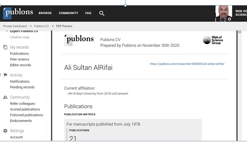 قائمة بالمواقع العلمية المشترك بها الاستاذ المساعد الدكتور علي سلطان الرفاعي