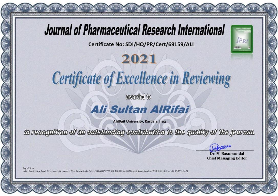 حصول عميد كلية طب الاسنان ا.د.علي الرفاعي على شهادة تقييم بحوث  من المجلة العالمية للبحوث الصيدلانية في بريطانيا